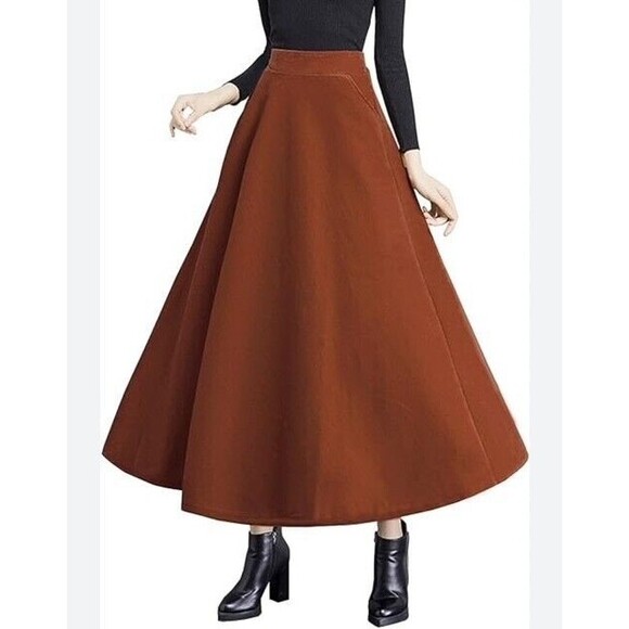 Women's A-Line Swing Long Maxi Wool Skirt Brown High Waist | Soft Flowing Fabric - Picture 12 of 12